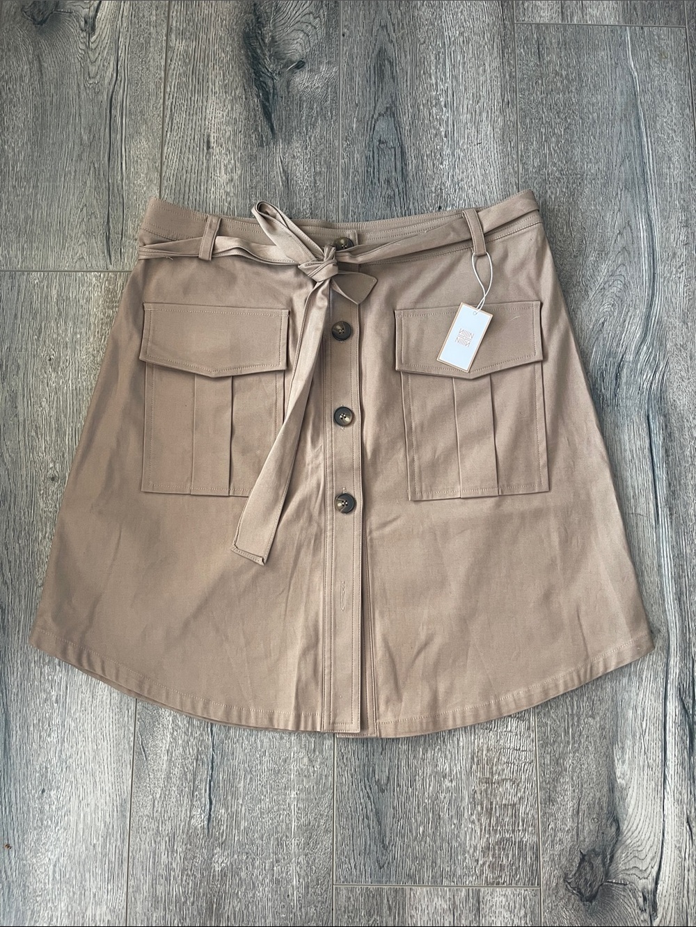 Women’s Tan Button-Front Utility Mini Skirt with Self-Tie Belt